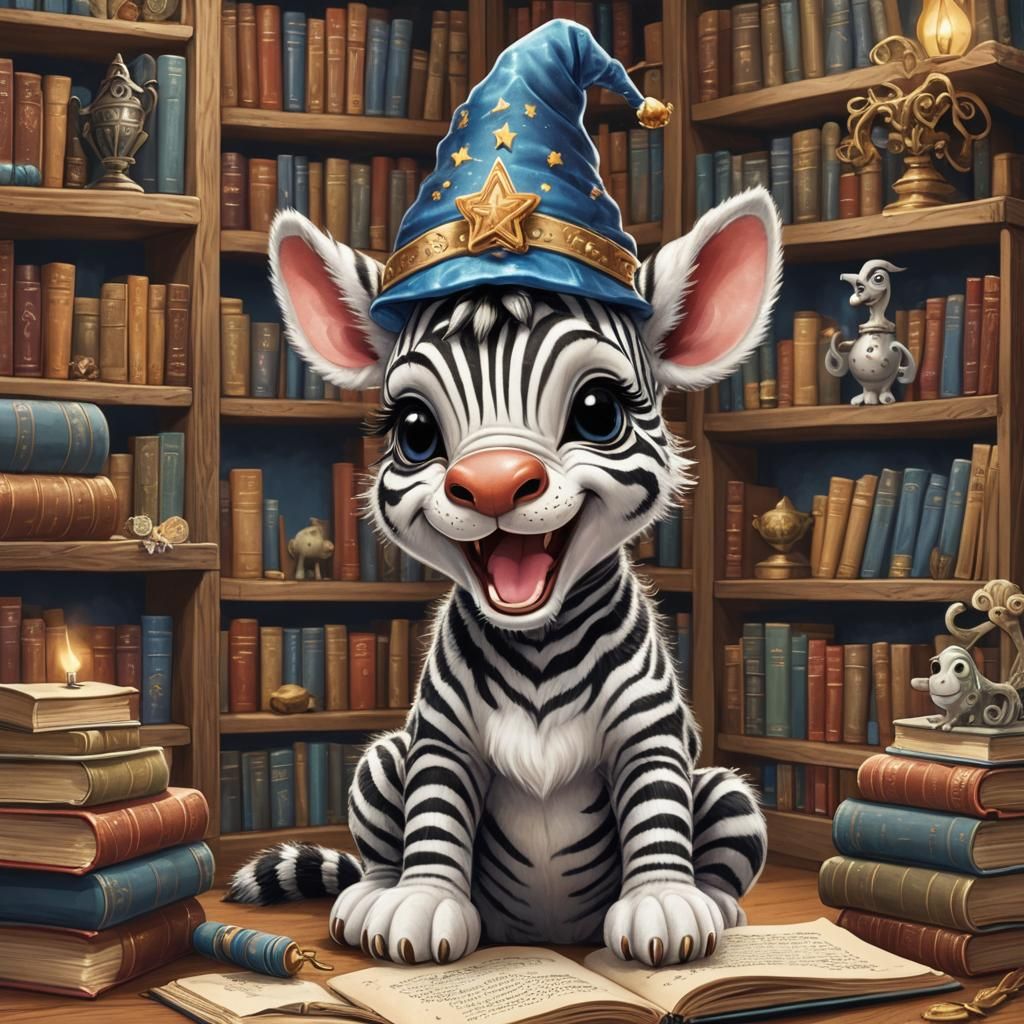 Cute Zebra Wizard in Magical Room, Detailed Matte Painting