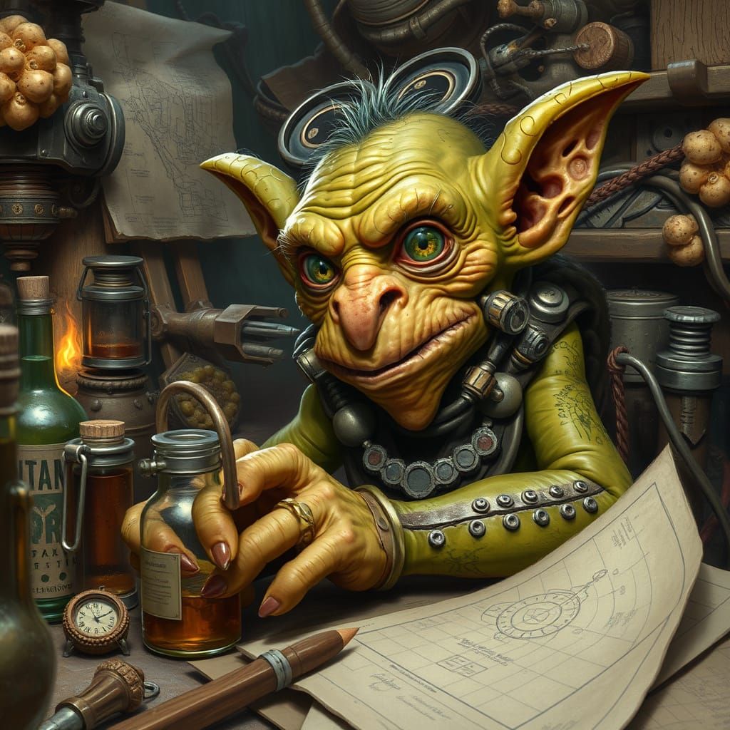 Goblin Inventor's Cluttered Workbench of Bizarre Contraption...