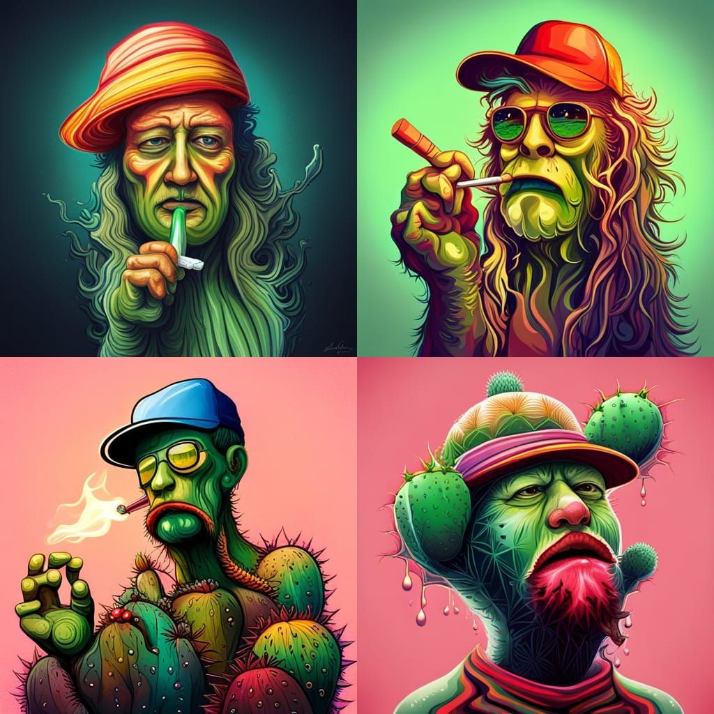 Digital illustration of a hippie humanoid cactus smoking a cigarette
