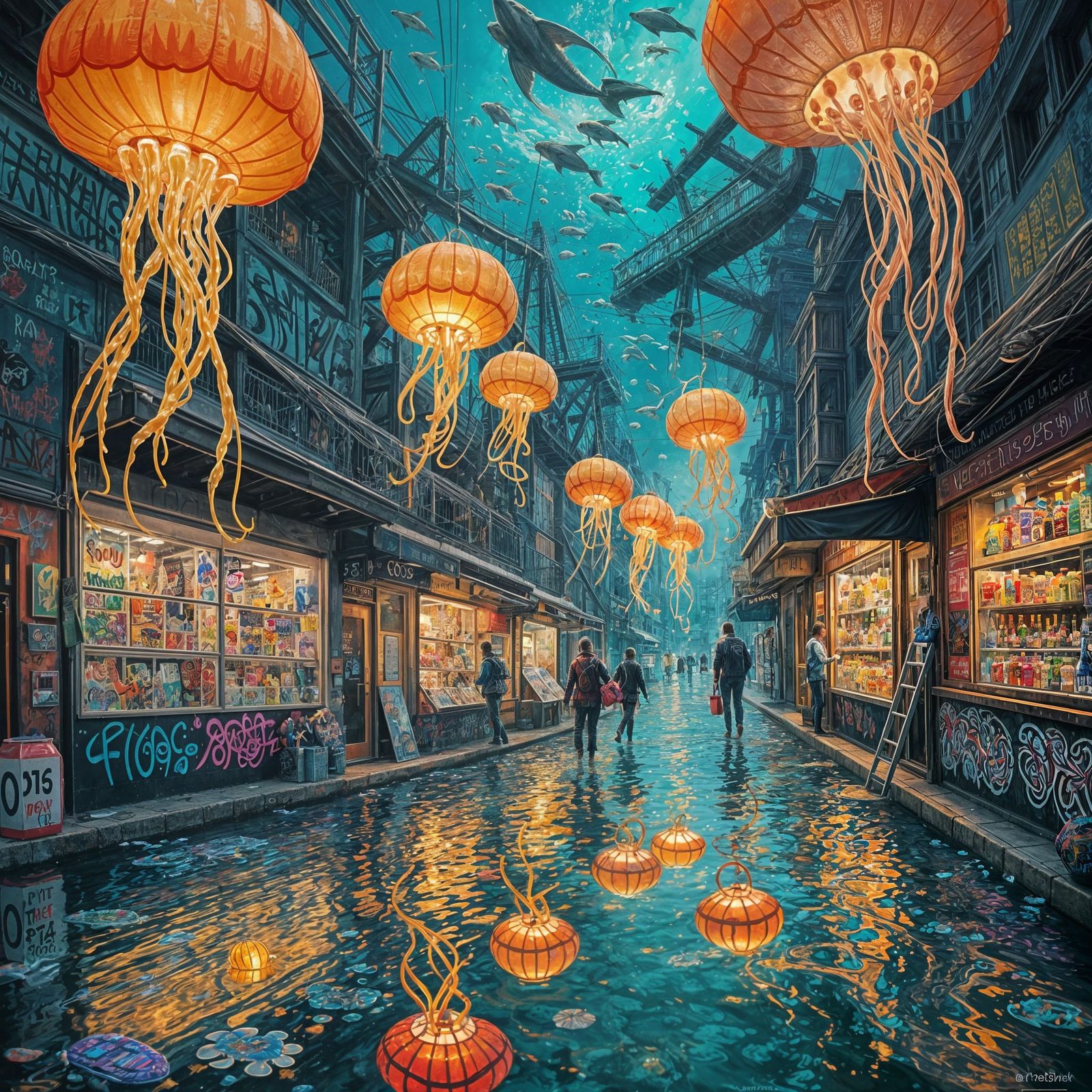 Vibrant Underwater Graffiti Night Market Scene