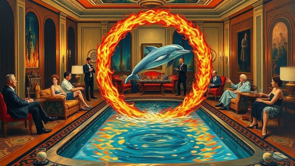 Art Deco Cocktail Party with Leaping Dolphin, Impasto Oil