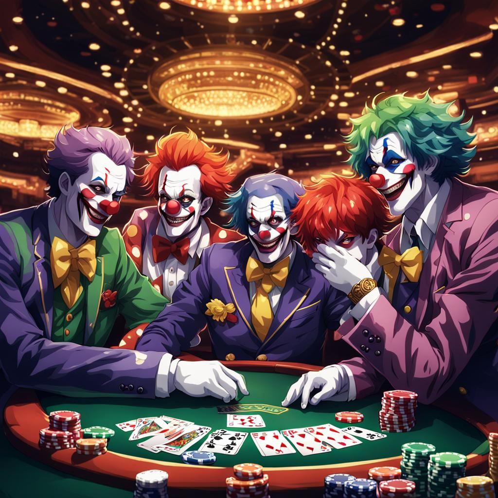 Clowns Playing Poker in Anime Style Casino