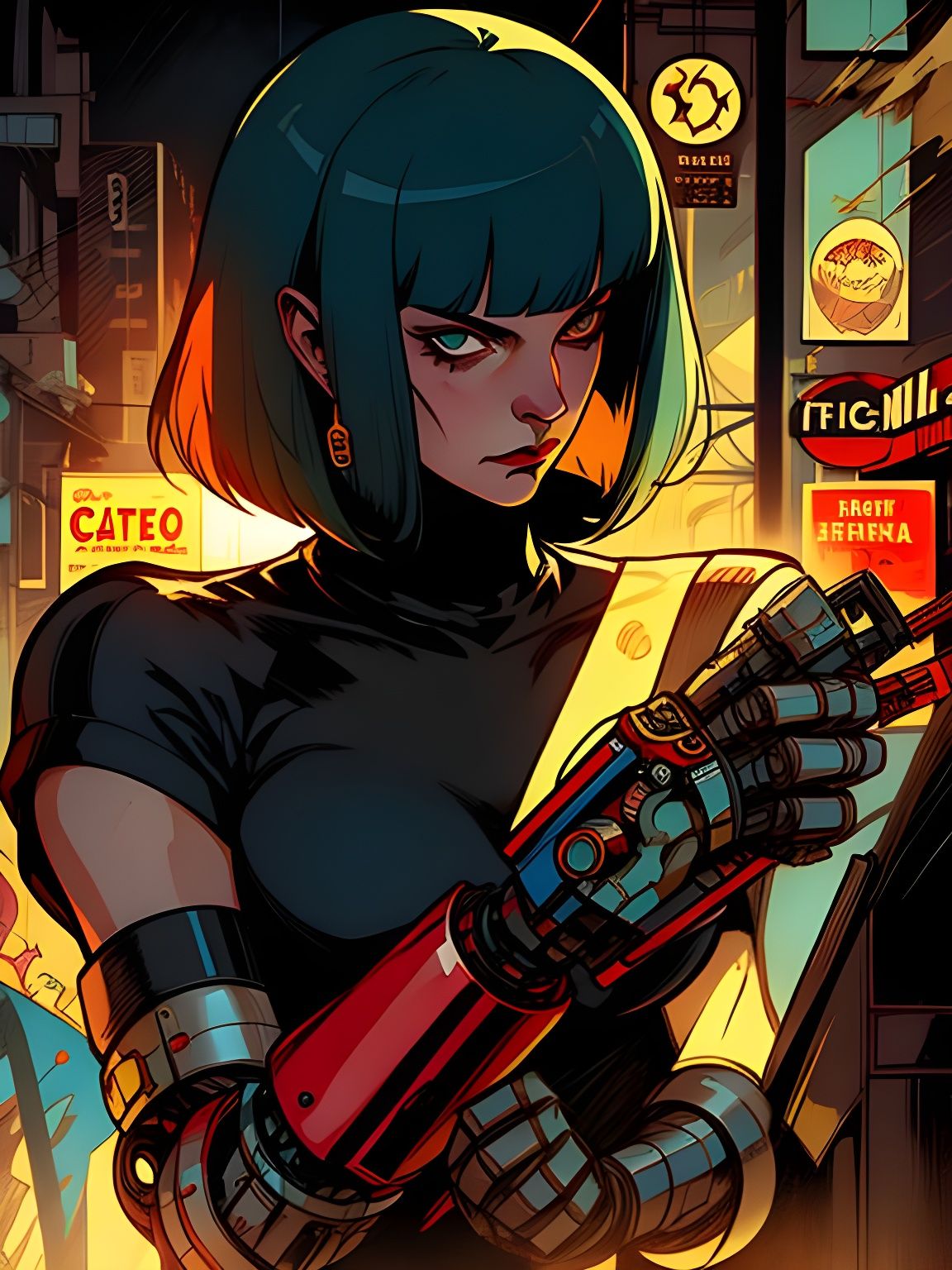 Demonic Woman with Mechanical Arm in Retro Cafe