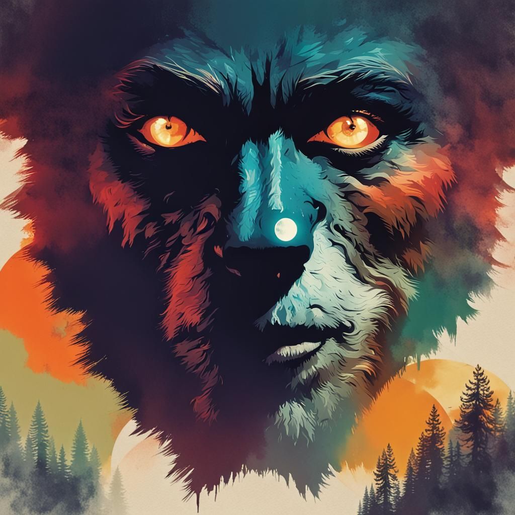 Vibrant Werewolf Portrait Under Full Moon