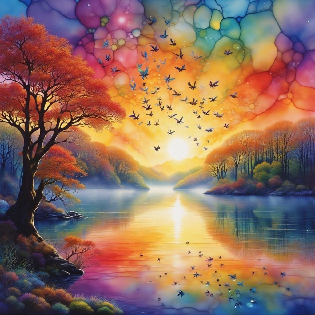 Birds Over Misty Sunrise Lake in Poster Art Style