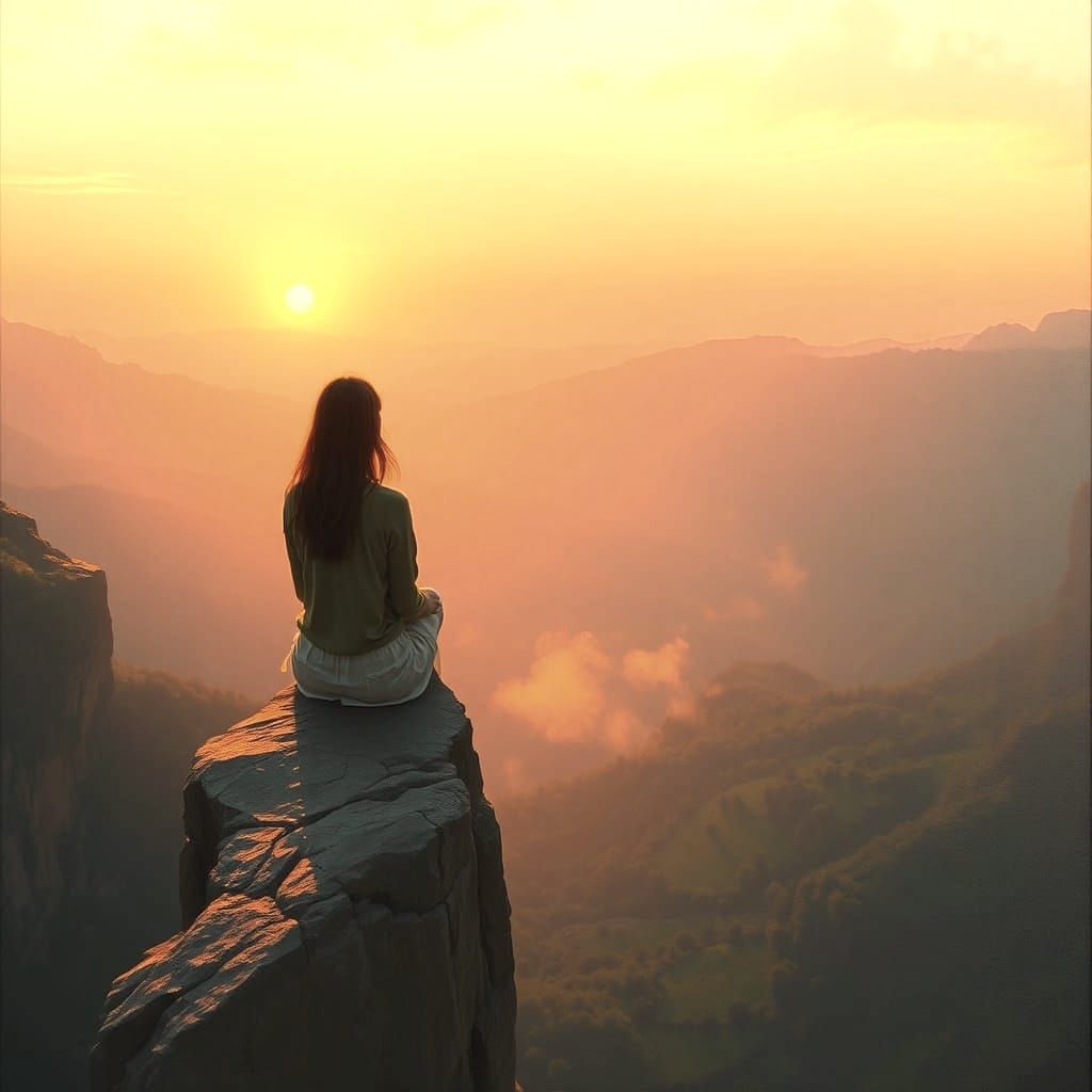 Woman Watches Sunrise Over Hazy Valley