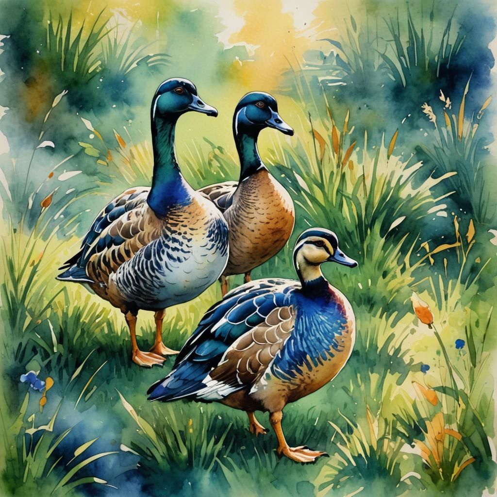Indian Runner Ducks in Watercolor Splash Art