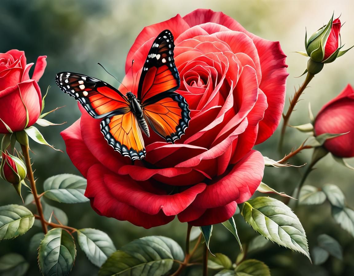 Butterfly Pollinating Red Rose in Watercolor Style