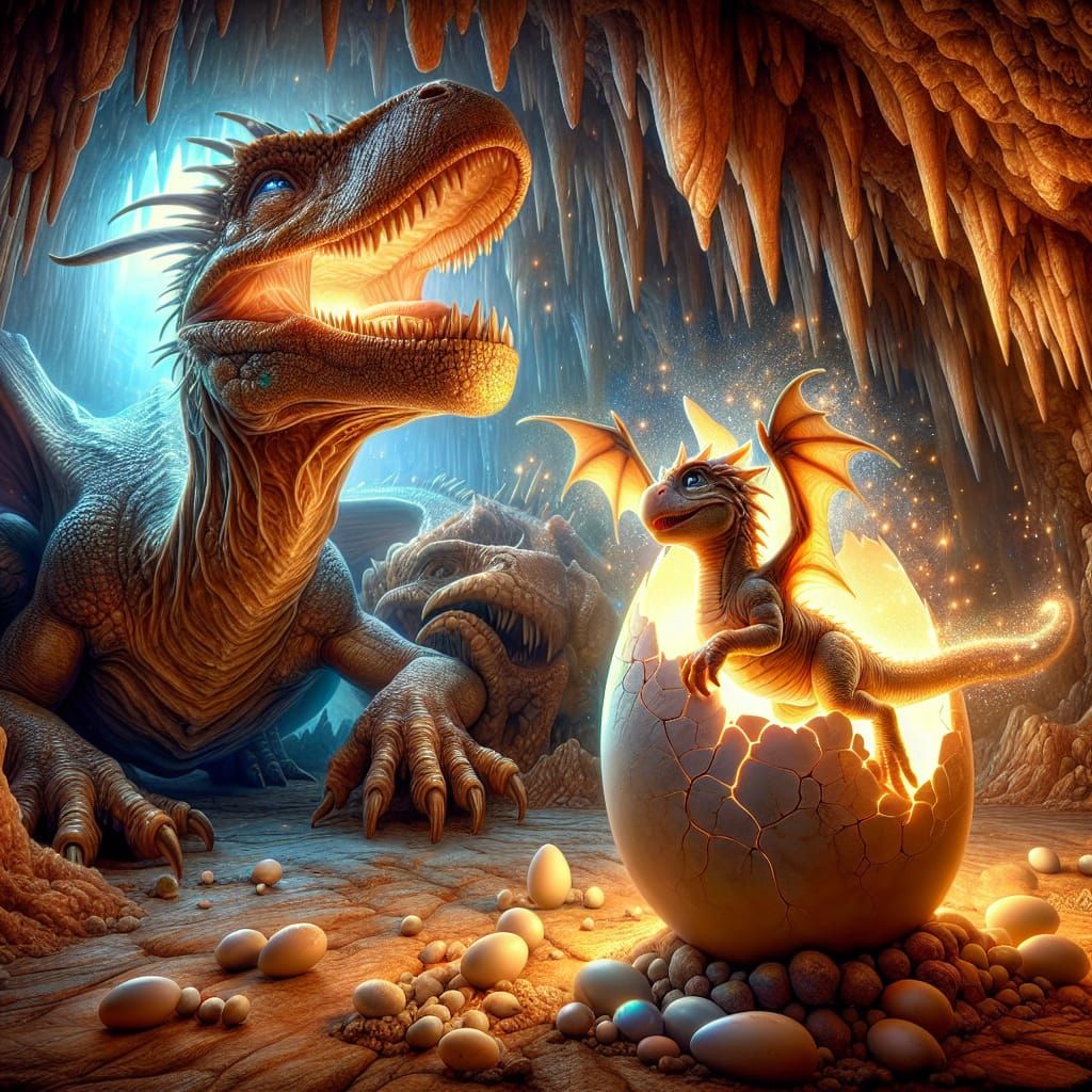 Newborn Dragon Emerges in Fantastical Cave