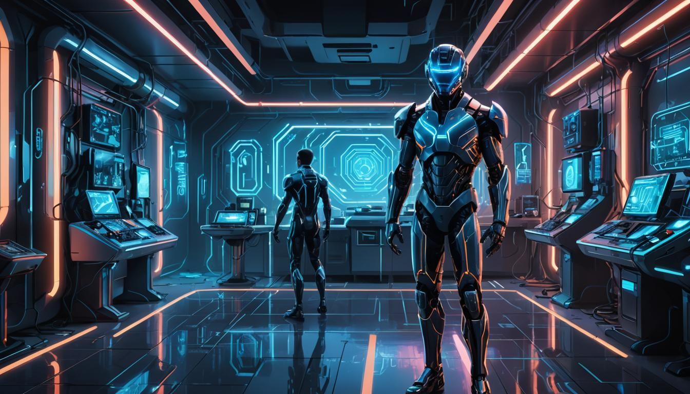 Android in Neon-Lit Cyberpunk Laboratory