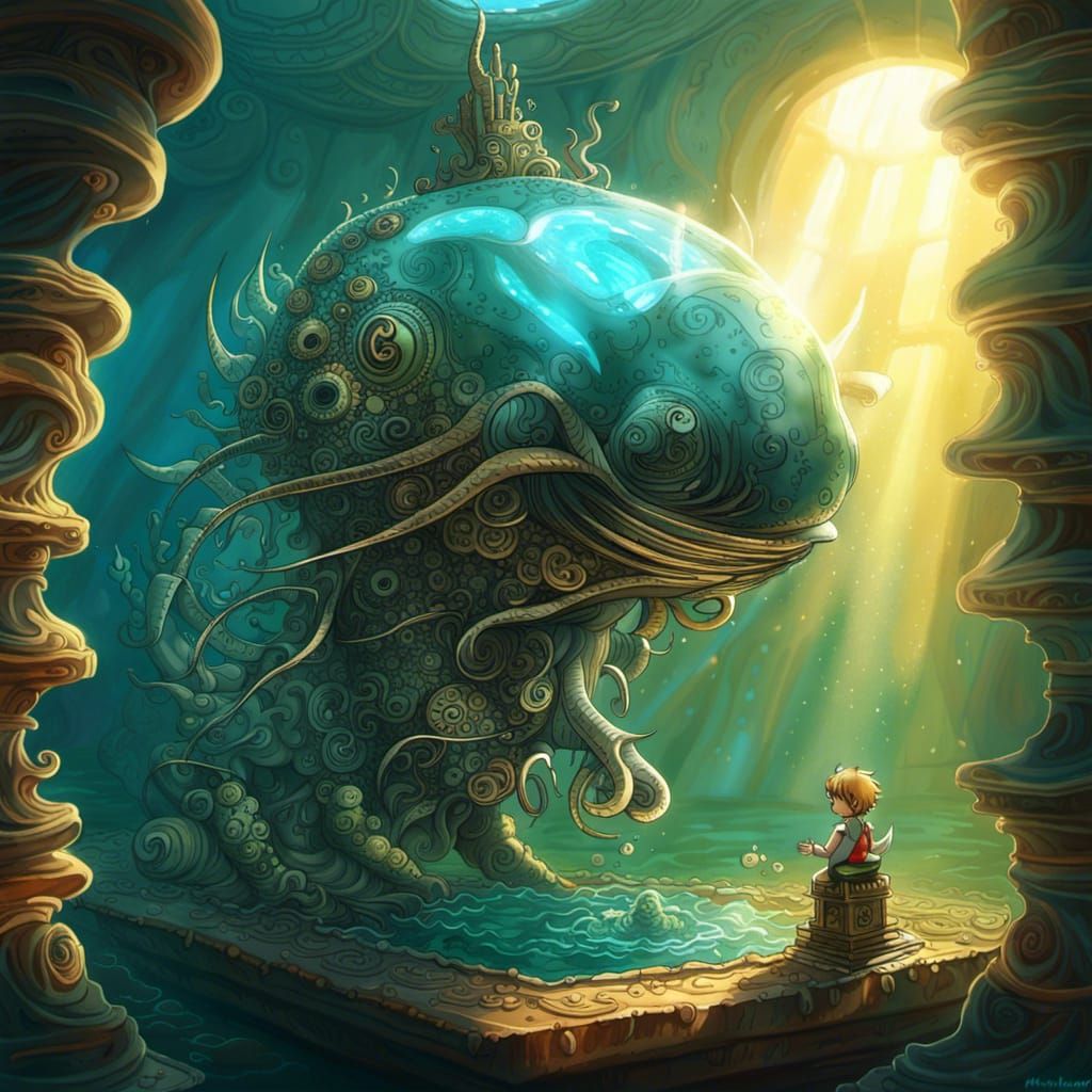Underwater Steampunk Kraken Scene in Fractal Style