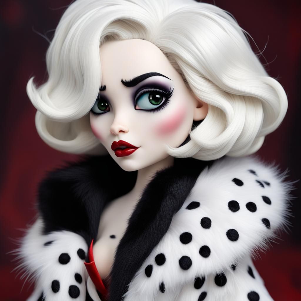 Disney Pixar style 3D doll-like strikingly beautiful Cruella de Vil, big expressive eyes, white hair with black streaks,...