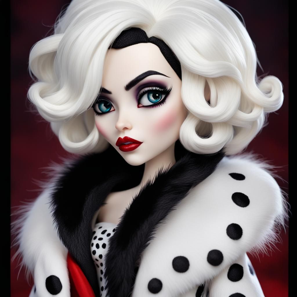 Disney Pixar style 3D doll-like strikingly beautiful Cruella de Vil, big expressive eyes, white hair with black streaks,...