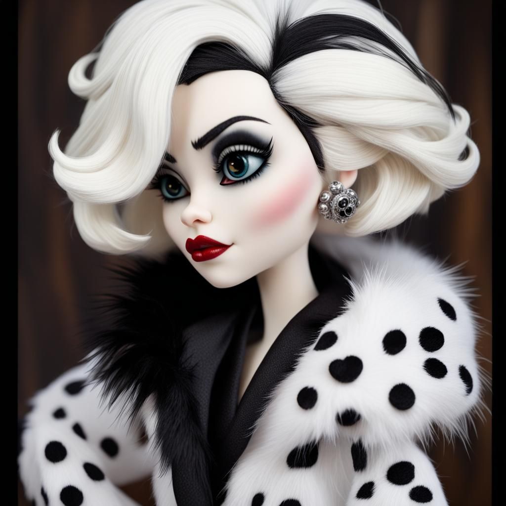 Disney Pixar style 3D doll-like strikingly beautiful Cruella de Vil, big expressive eyes, white hair with black streaks,...
