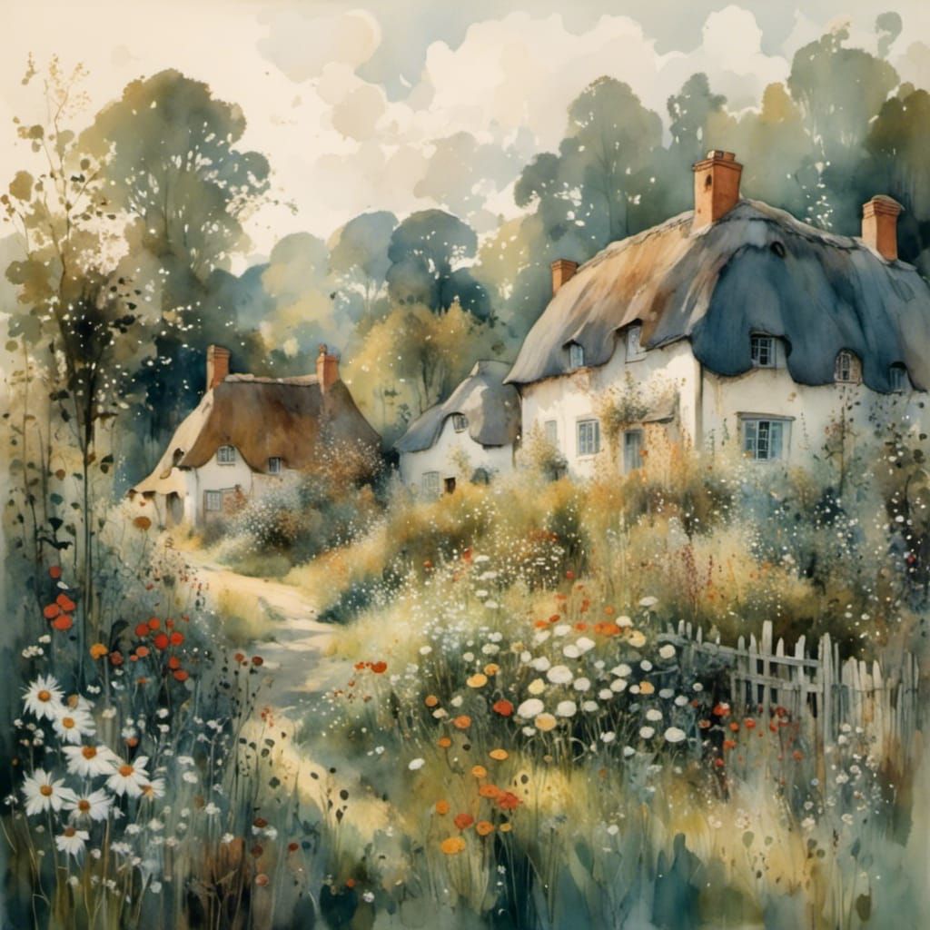 Idyllic Village Scene in Gentle Illustration Style