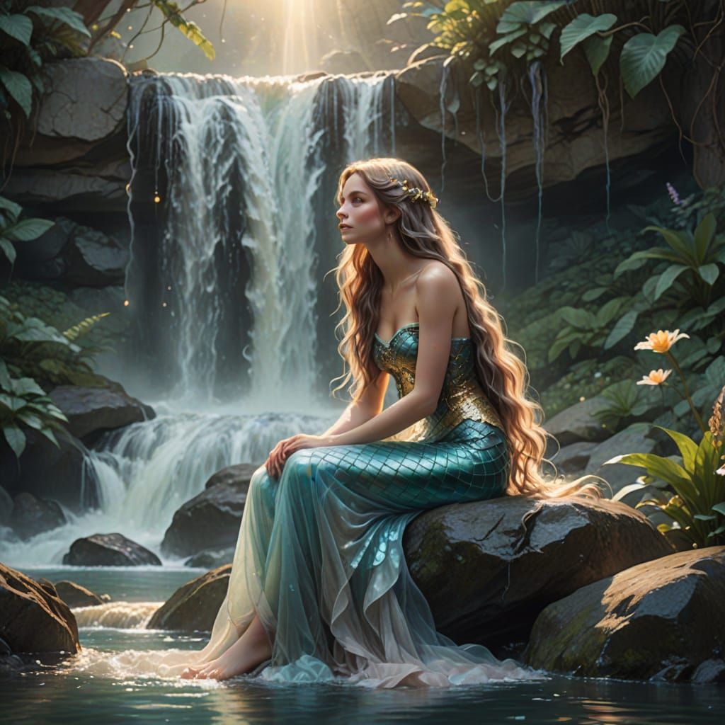 Ethereal Mermaid Amidst Cascading Waterfall