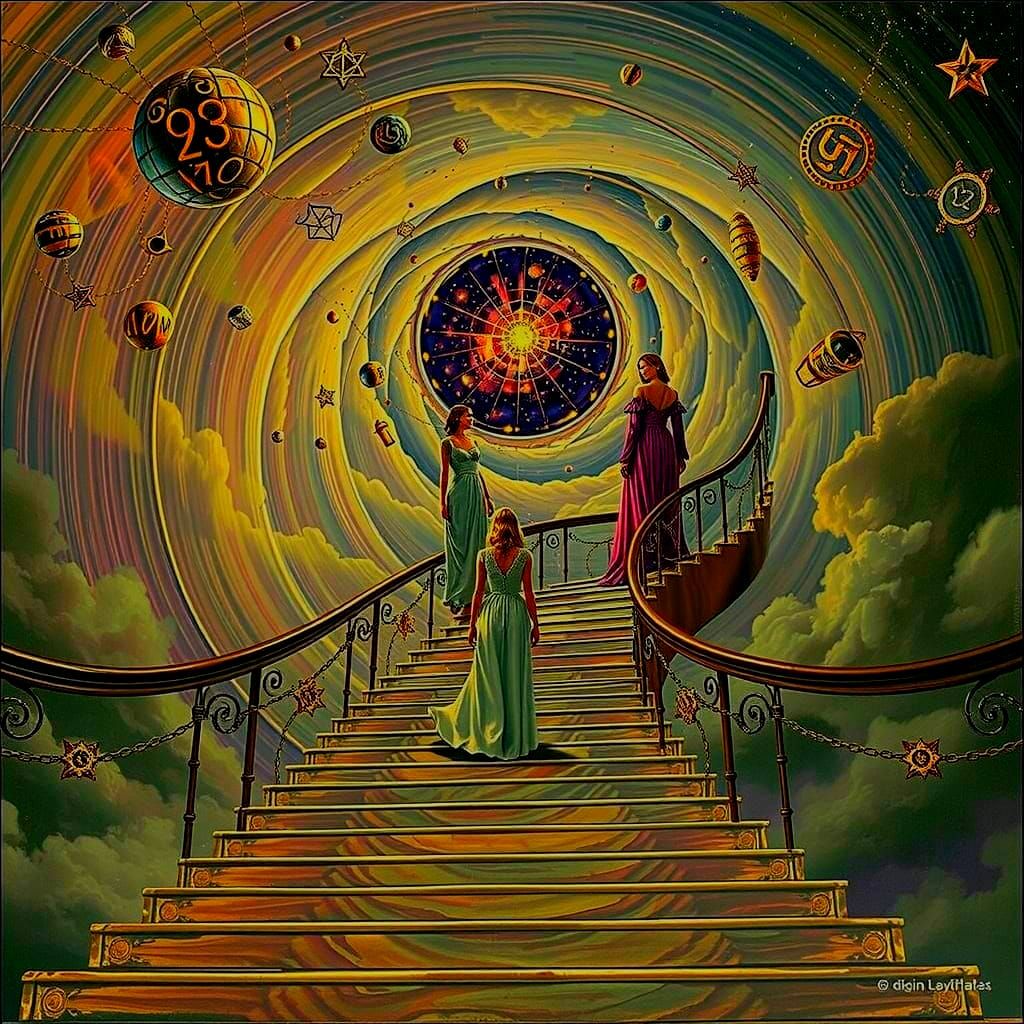 Elegant Women Ascend Celestial Staircase in Hyperrealistic S...