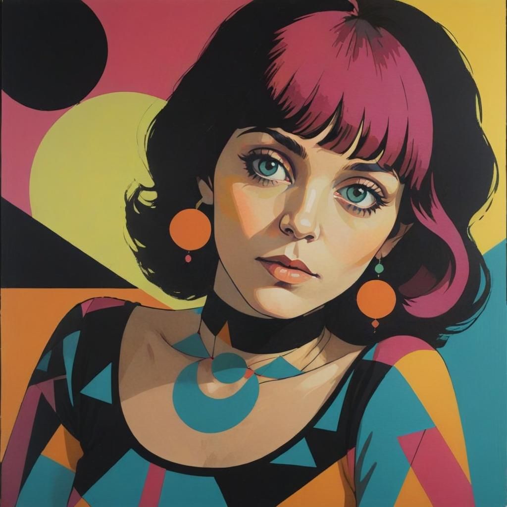 Dynamic Geometric Portrait in 1970s Funk Art Style