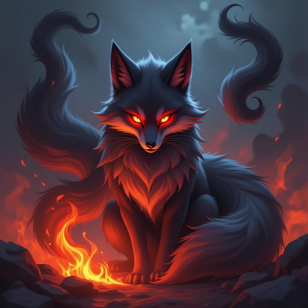 Lava Kitsune with Swirling Aura in Dark Fantasy Style