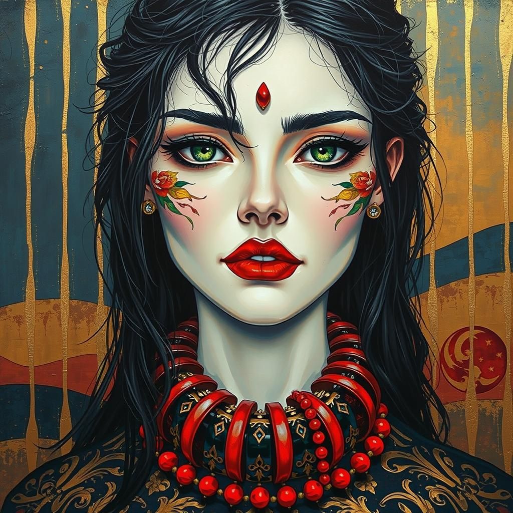 Mystical Woman Portrait with Floral Face Art in Art Nouveau ...