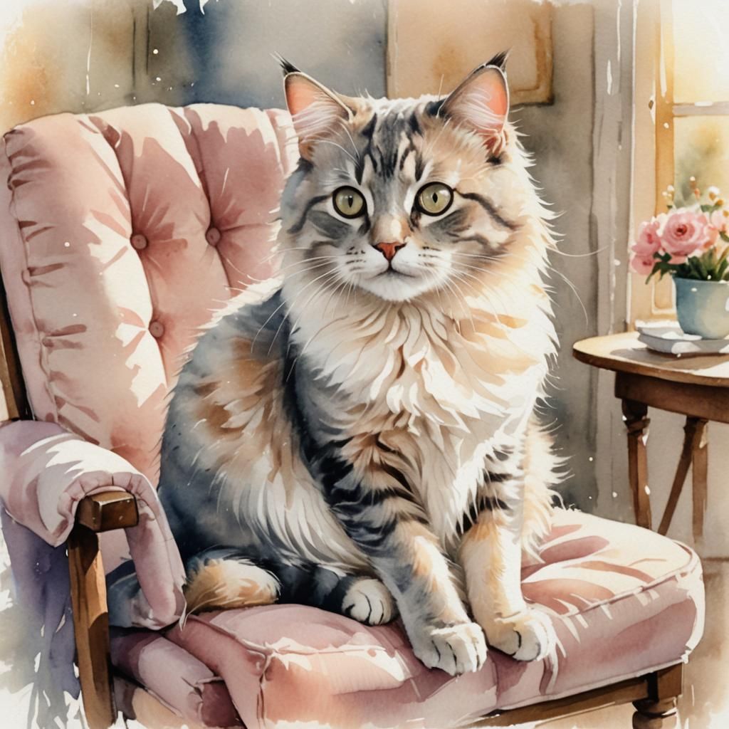 Cute Cat Sitting on Chair in Watercolor Style