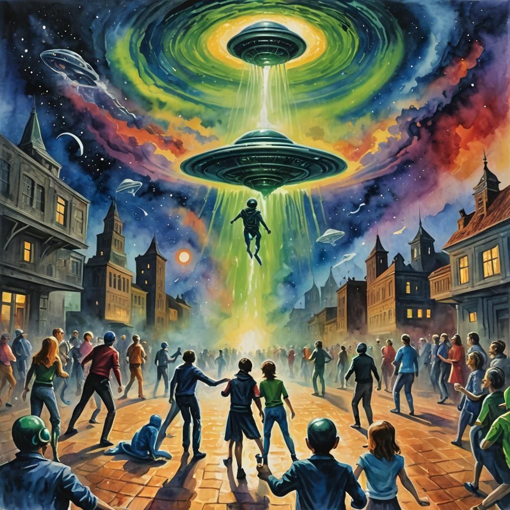 Alien Abduction in Gouache and Watercolor Style
