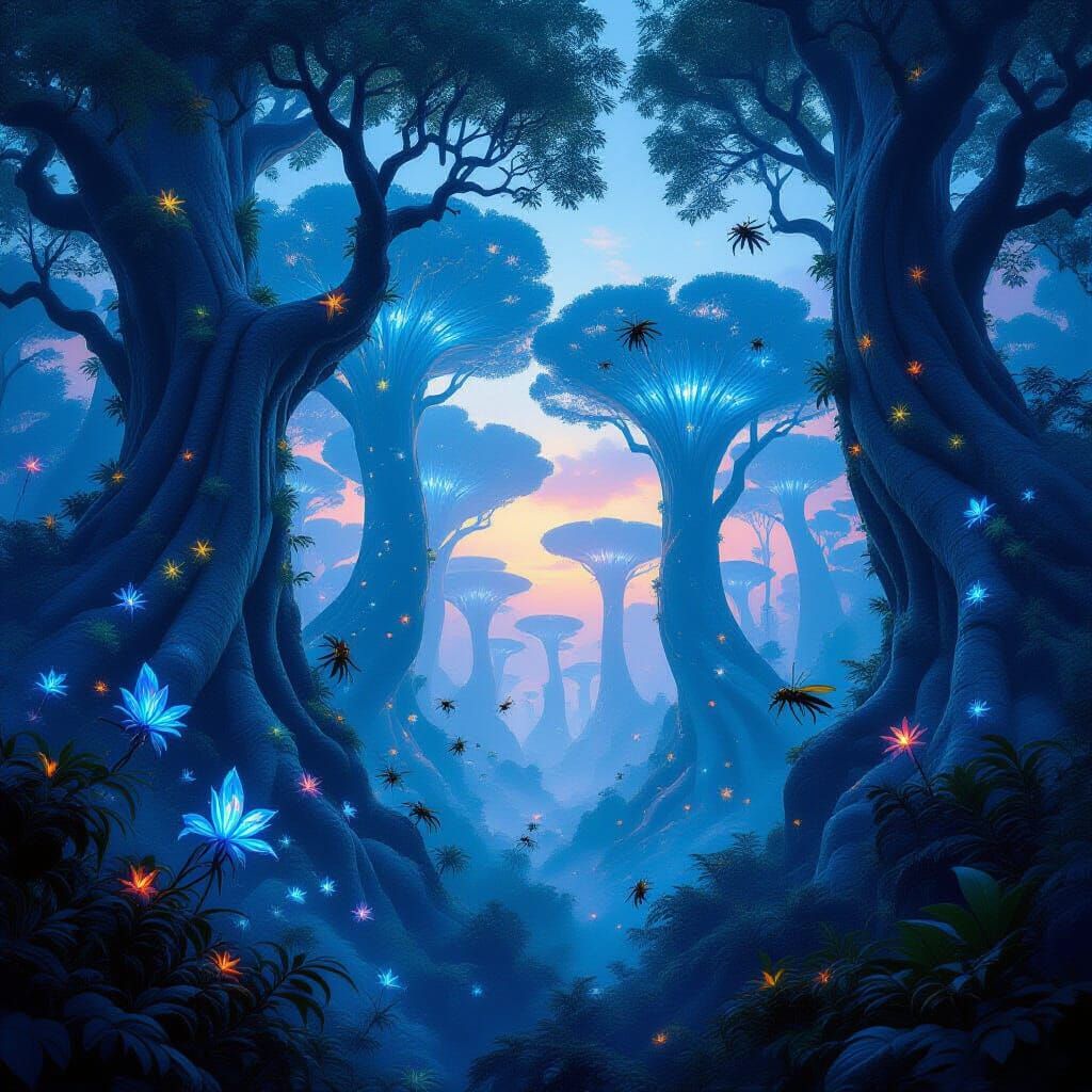 Bioluminescent Forest with Crystalline Trees and Ethereal Cr...