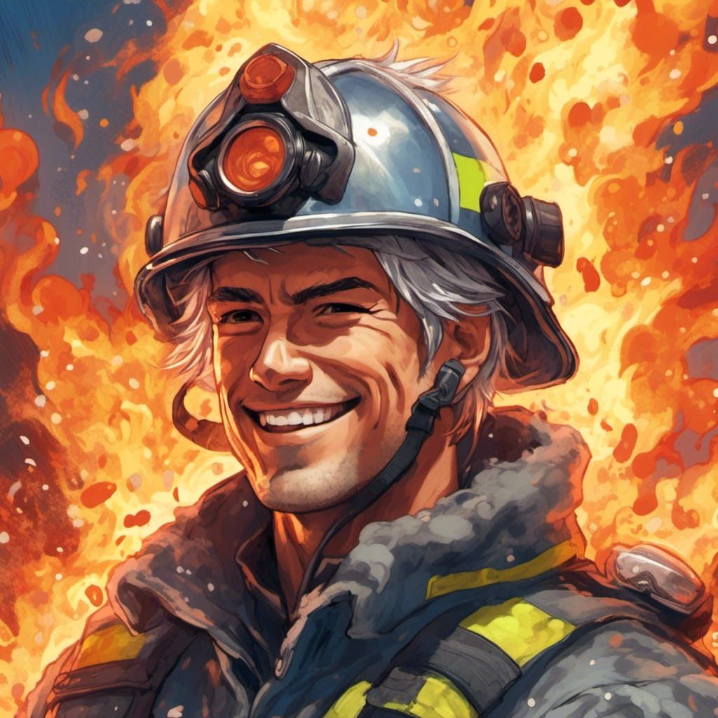 Joyful Firefighter in Dynamic Manga Style