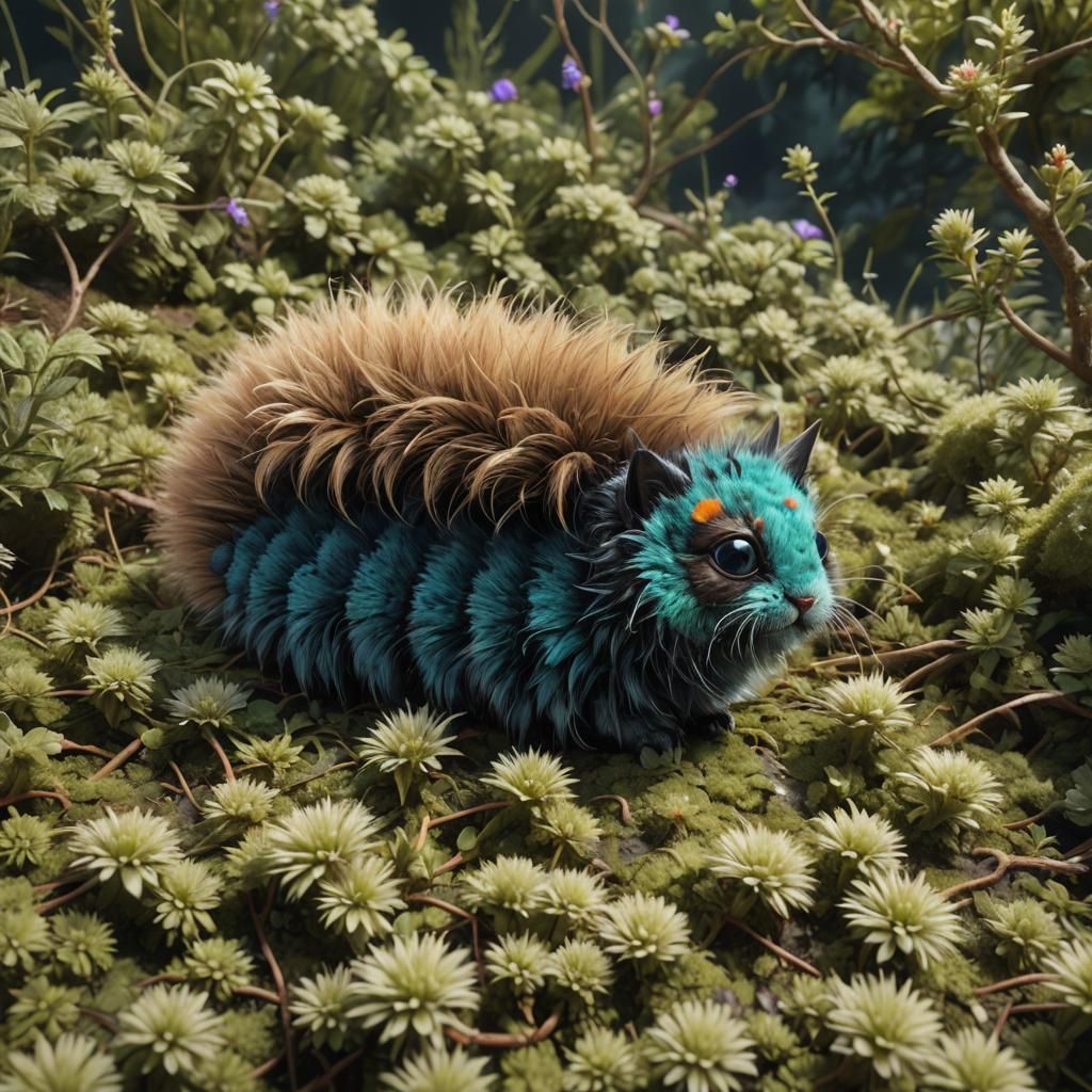 Kitten-Headed Caterpillar: Hyperrealistic Detailed Matte Pai...