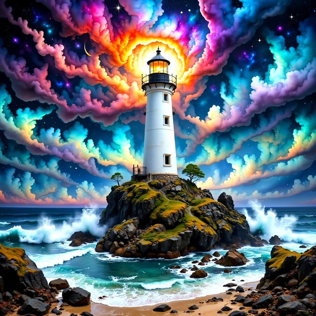 Surreal Stormy Seascape with Epic White Lighthouse