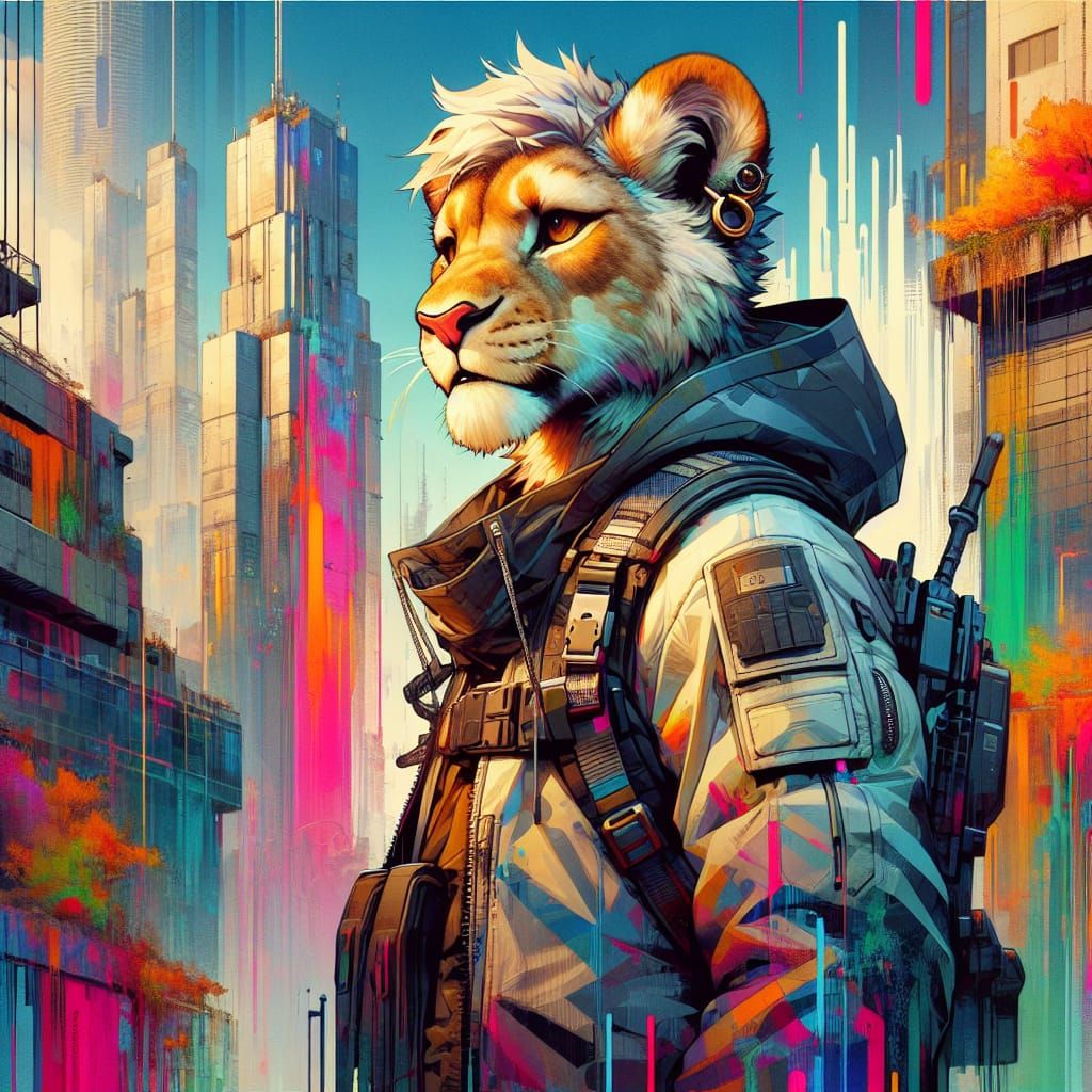 Lion Bounty Hunter in Dystopian City as Street Art