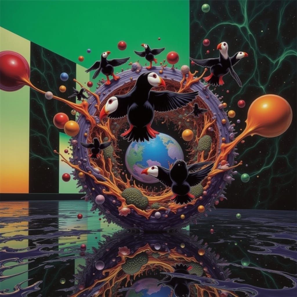 Psychedelic Puffins Bursting from Earth Globe