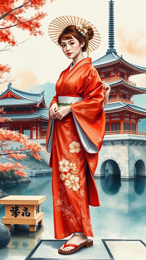 Pinturas oil de cuerpo completo de una mujer japonesa que ll...