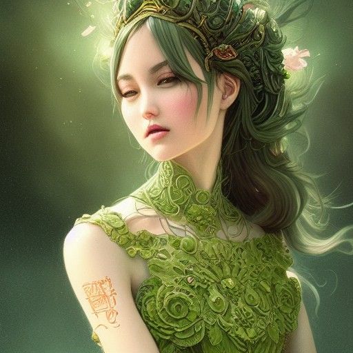 Beautiful Goddess in Green Dress, Digital Illustration