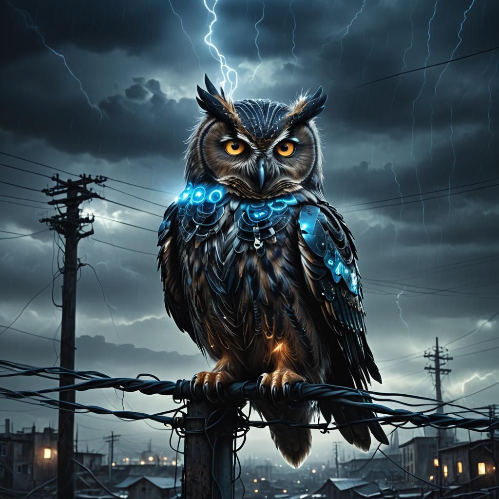 Cybernetic Owl on Stormy Power Line: Digital Matte Painting