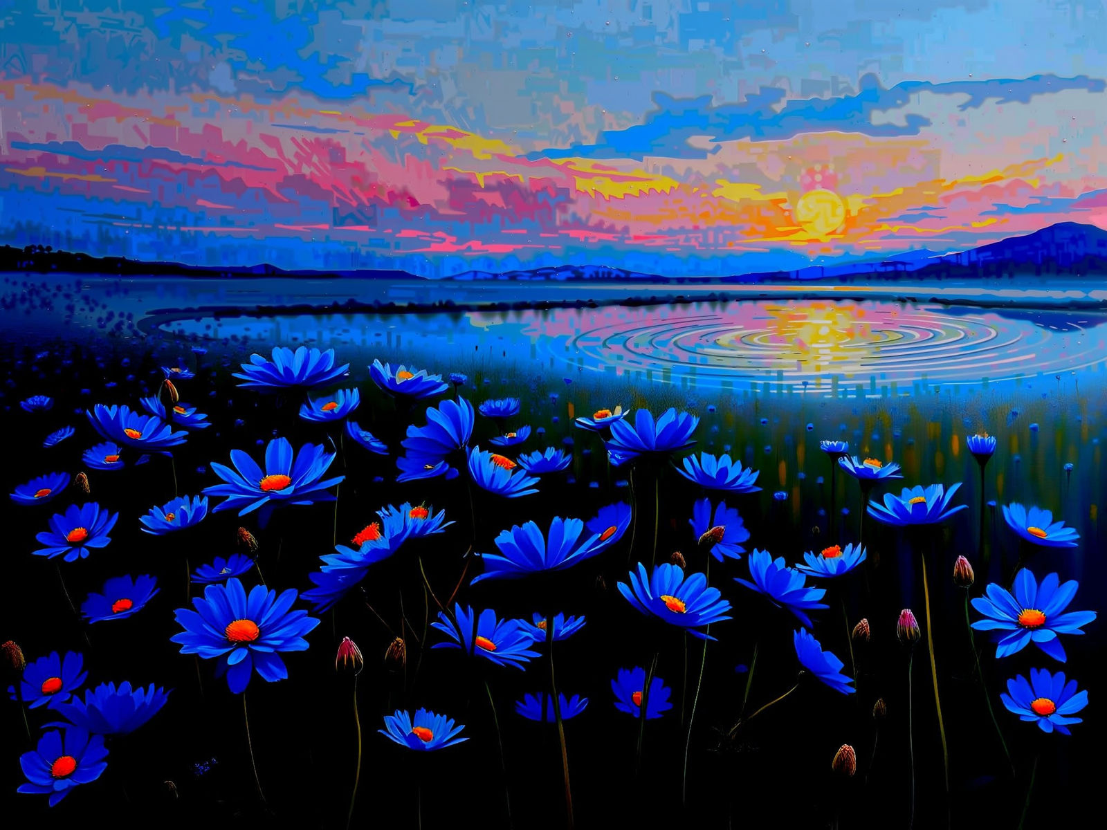 Cornflower Field at Night as Impasto Painting