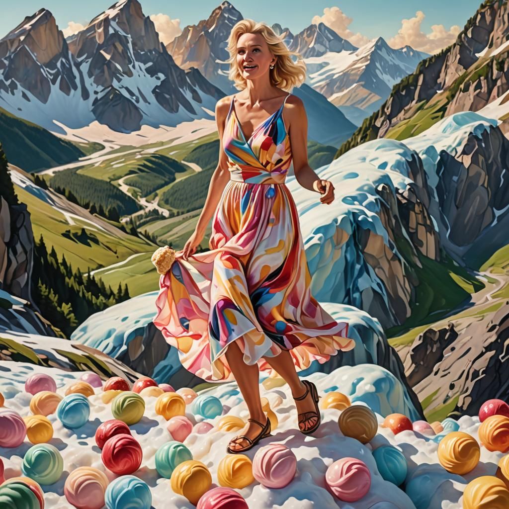 Giant Blonde Lady Walks on Ice Cream, Oil Painting