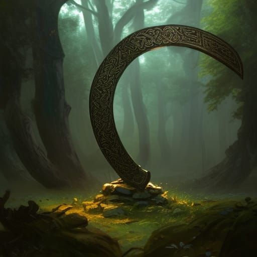 Ornate Celtic Sword in Ancient Forest, Art Nouveau