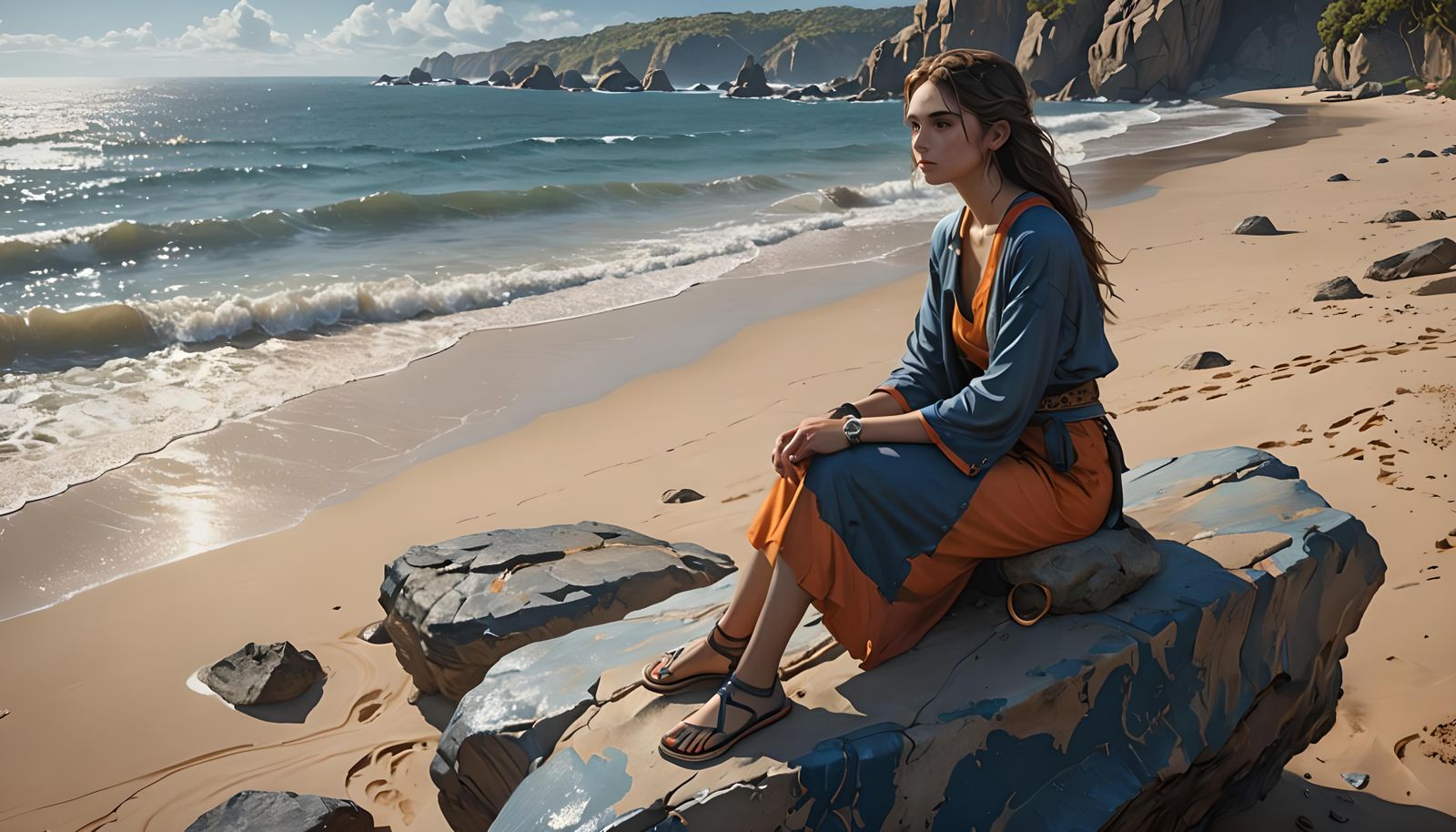 Woman Searches Beach in Detailed Matte Painting