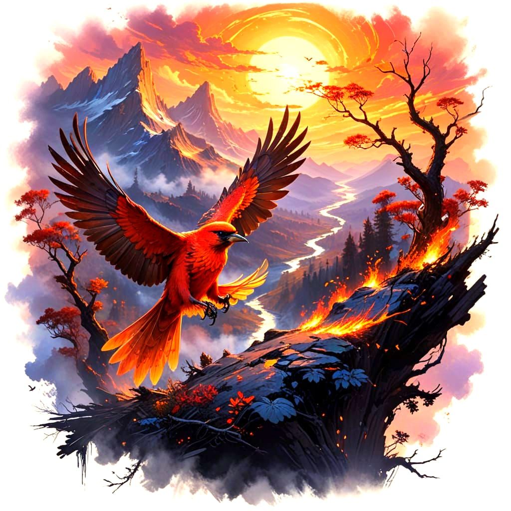 Surreal Crimson Bird Sails Above Endless Valley in Burning S...