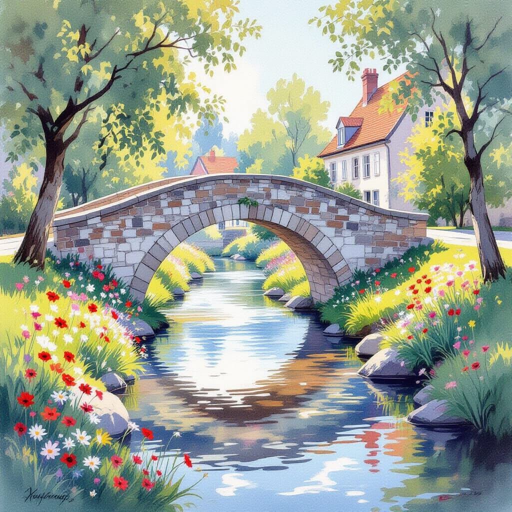 Watercolor Stone Bridge with Wildflowers and Stream
