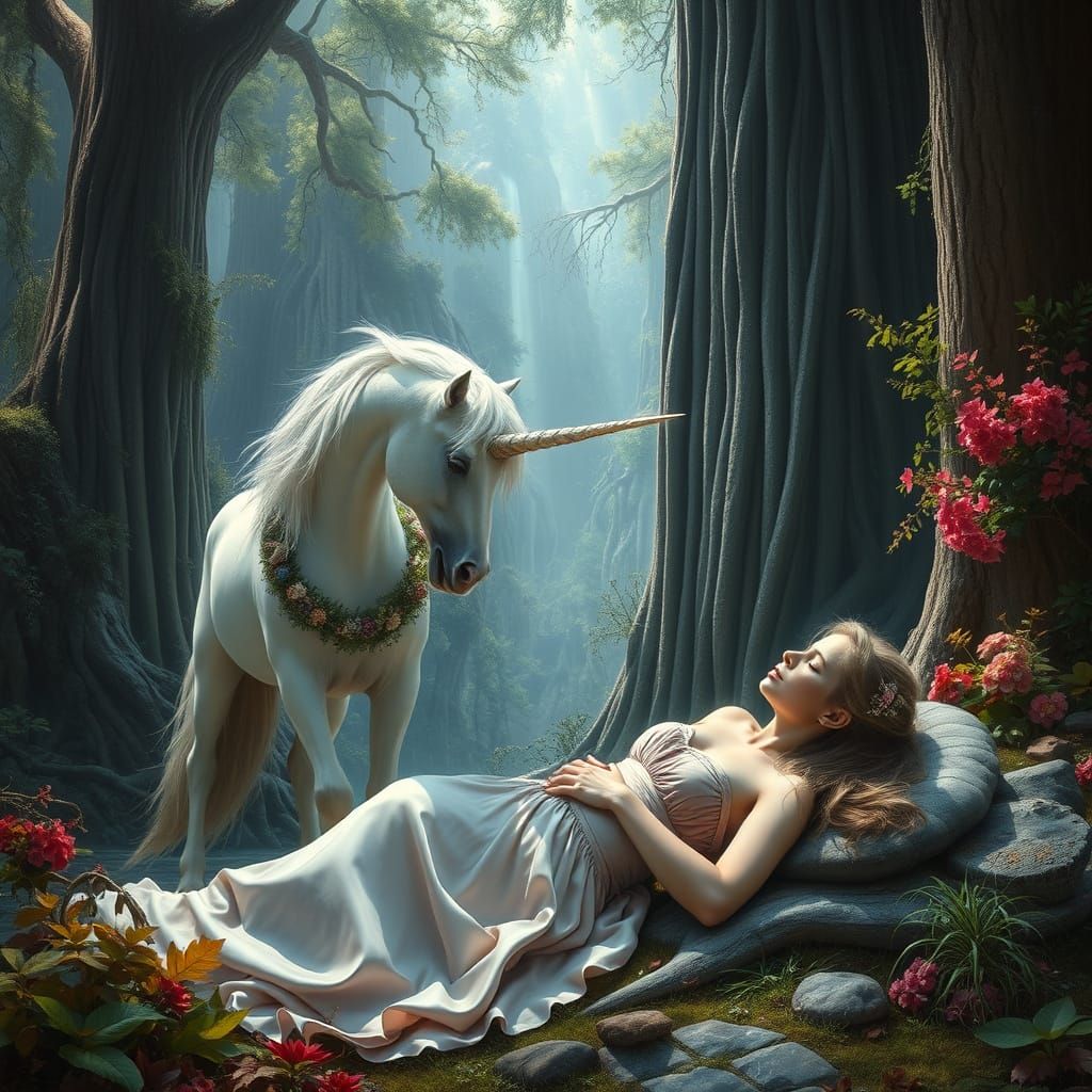 Unicorn Touches Maiden in Fantasy Landscape