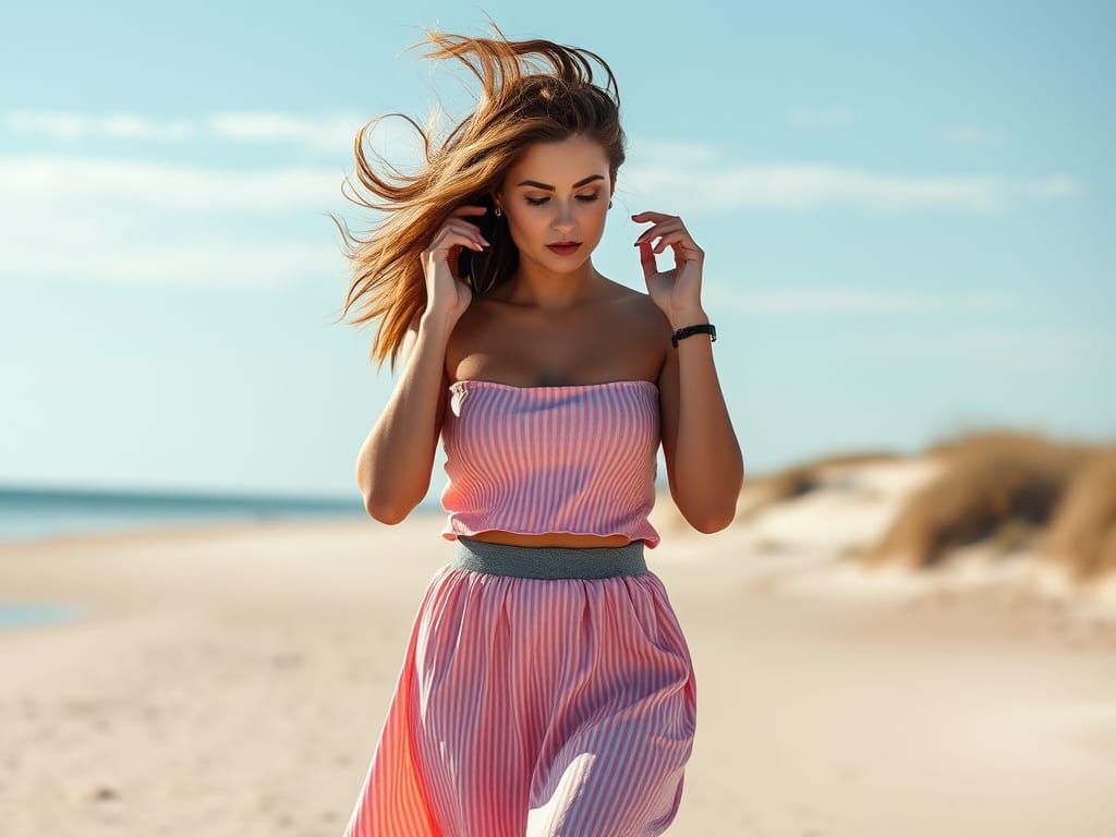 Woman with Voluminous Hair Walks on Sandy Beach