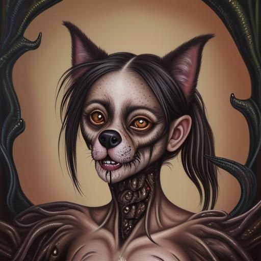 Surreal Feminist Dog-Woman Portrait in Oil Painting Style