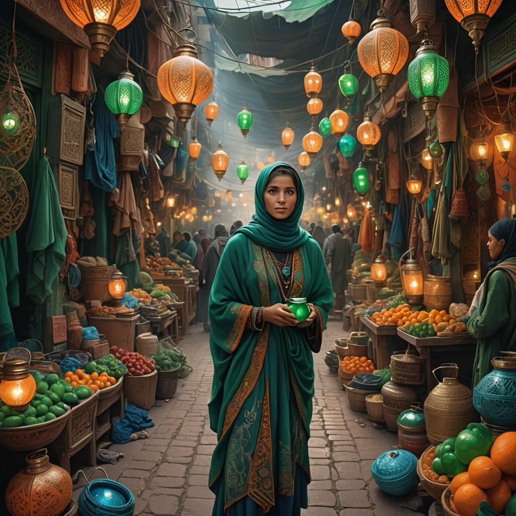 Moroccan Woman with Lantern in Fantasy Marketplace