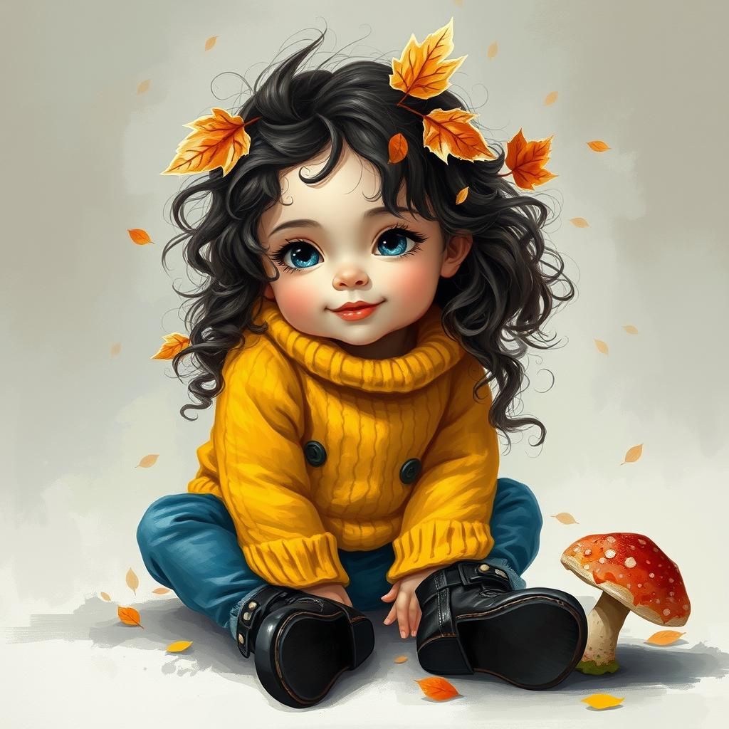 Cute Toddler Girl with Autumn Leaves, Fantasy Art