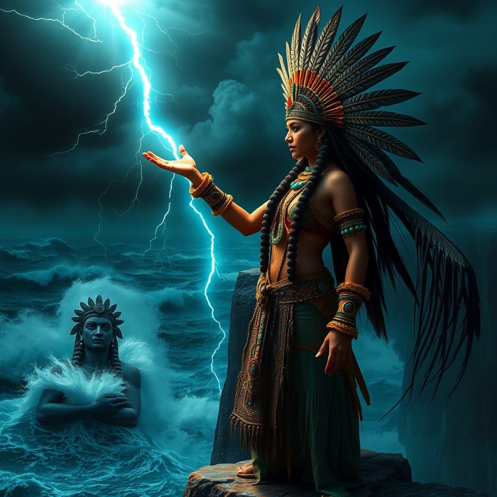Aztec Goddess Stands Firm Against Stormy Ocean