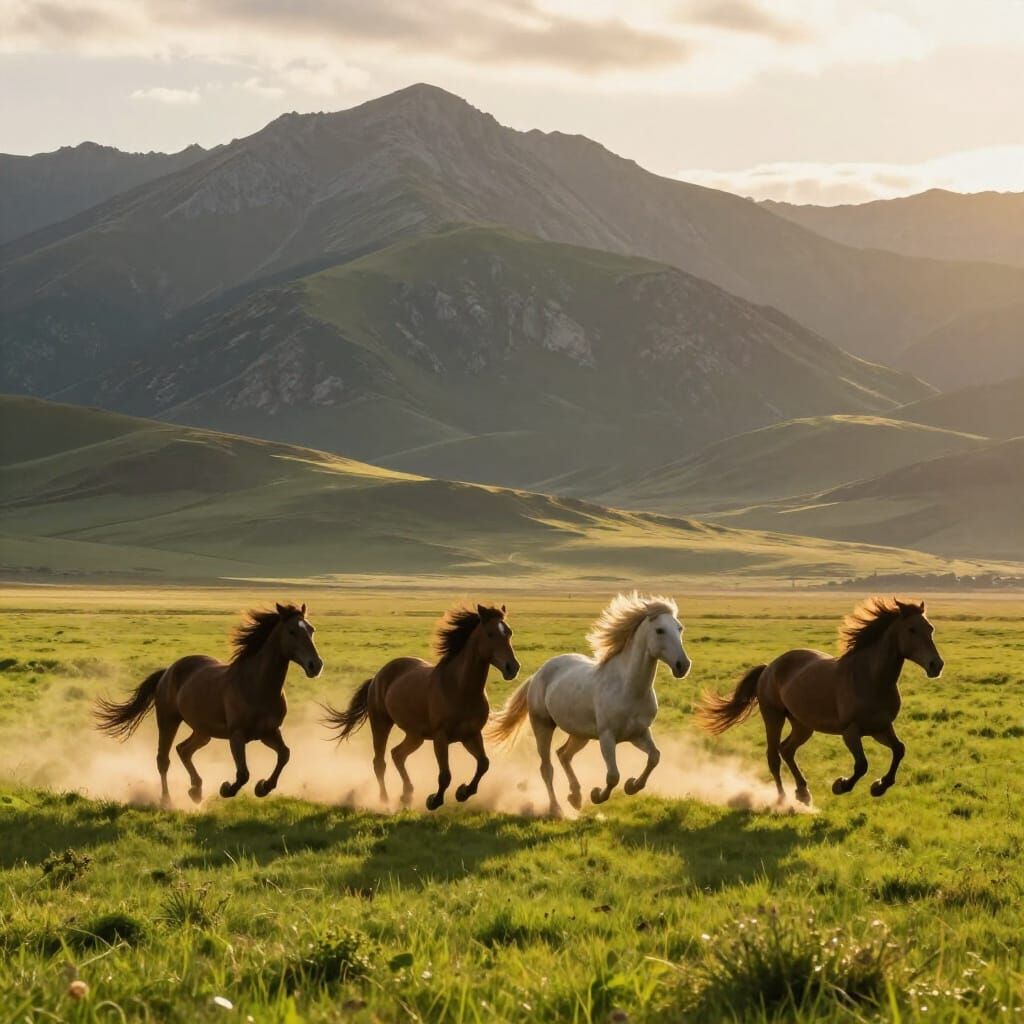Wild Horses Gallop Through Golden Hour Mountain Landscape