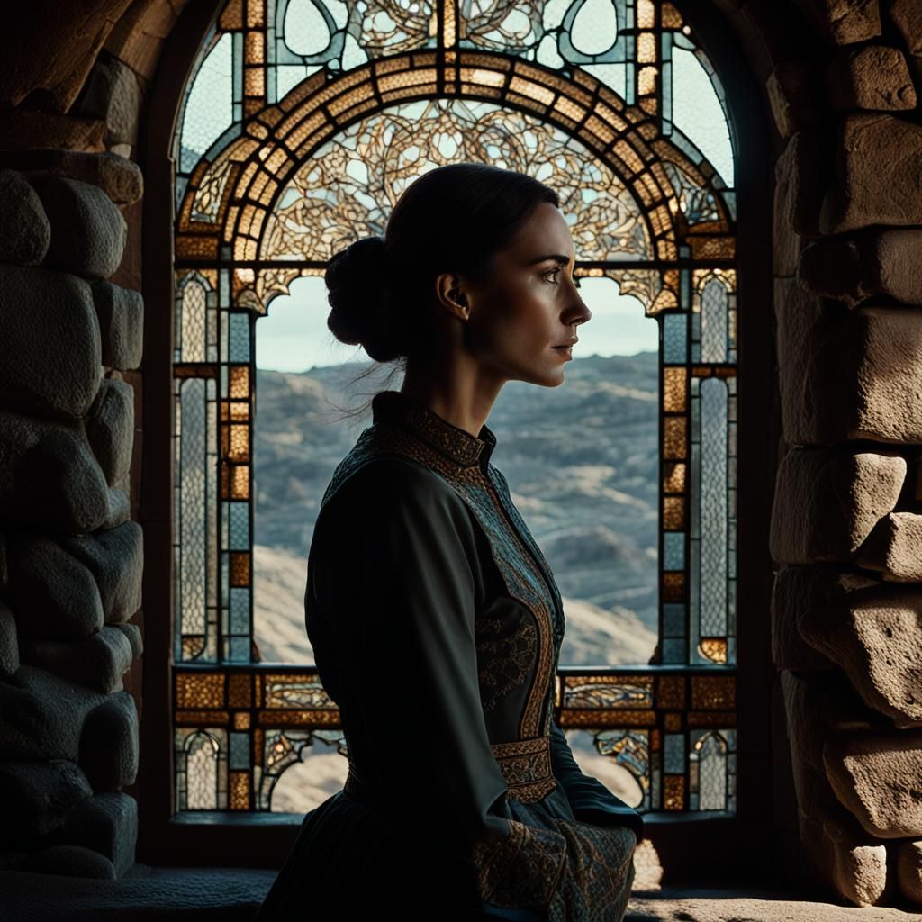 Contemplative Woman in Ornate Window, Cinematic Still