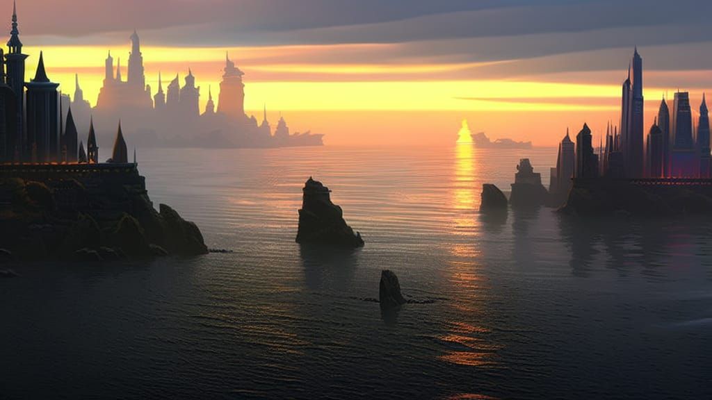 Cityscape Sunset Reflection: Digital Matte Painting